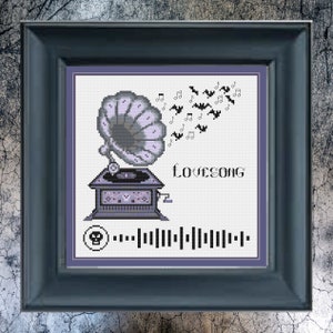 LOVESONG Gramophone Gothic Cross Stitch Bats Record Player PDF You can Dance to! Cross stitch Spotify for Goth Music Stitchalong & singalong