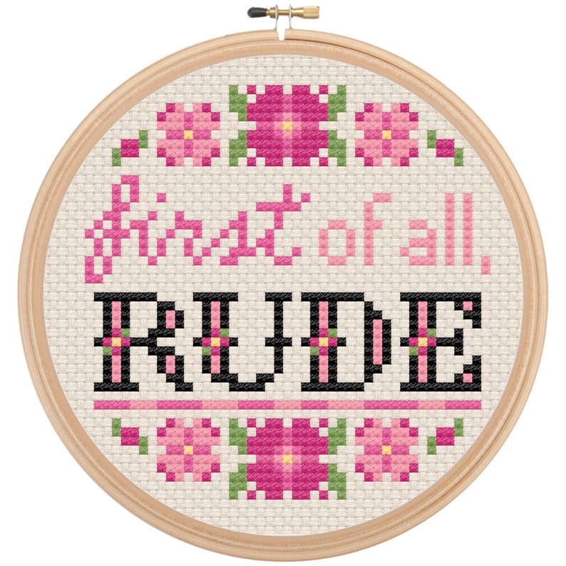 May include: A pink and black cross-stitch embroidery hoop with the text "First of all, RUDE" surrounded by pink flowers.