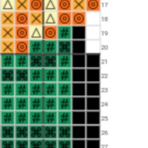 May include: A green and black cross-stitch pattern featuring a variety of symbols, including triangles, circles, and Xs. The pattern is enclosed by a black border.