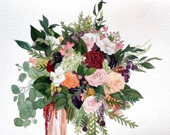 Custom Bridal Bouquet watercolor painting , Wedding Bouquet Preservation gift, Wedding anniversary gift ,birthday gift, Christmas gift
