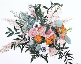 Custom Bridal Bouquet watercolor painting , Wedding Bouquet Preservation  gift, Wedding anniversary gift ,birthday gift, Christmas gift