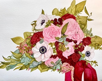 Custom Bridal Bouquet Watercolor Painting,Wedding Bouquet Preservation gift,Wedding Anniversary gift,birthday gift, Christmas gift