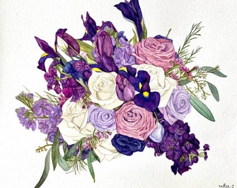 Custom Wedding Bouquet Watercolor Portrait: Anniversary Keepsake