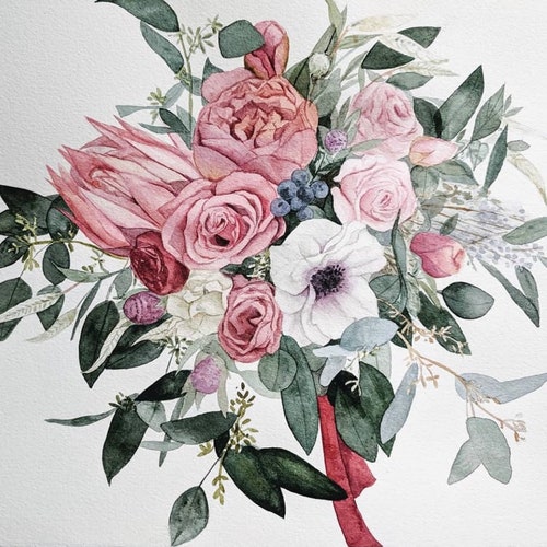 Custom Bridal shops Bouquet watercolor painting , Wedding Bouquet Preservation gift, Wedding anniversary gift ,birthday gift, Christmas gift