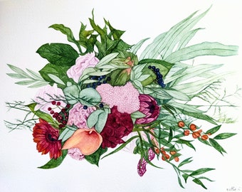 Custom Bridal Bouquet watercolor painting , Wedding Bouquet Preservation, Wedding anniversary gift  ,gift for her , Christmas gift