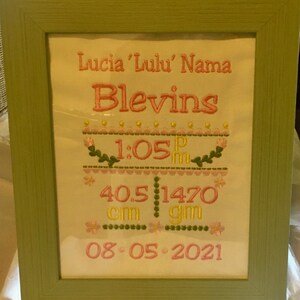 Custom Embroidered Birth Announcement (frame not included) * Keepsake *Sweet Flowers.*Quilt Square*