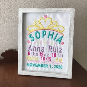 Custom Embroidered Birth Announcement (frame not included) * Keepsake *Princess Crown*Quilt Square*