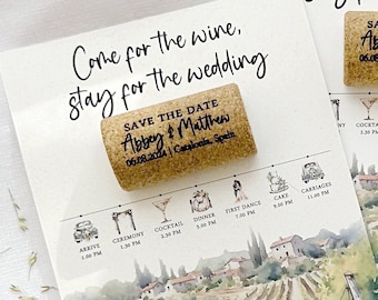 Cork Save the Date Magnet, Custom Winery Invitation with Timeline, Personalized Vineyard Wedding Favors, Engraved Bottle Stopper (10 pcs)