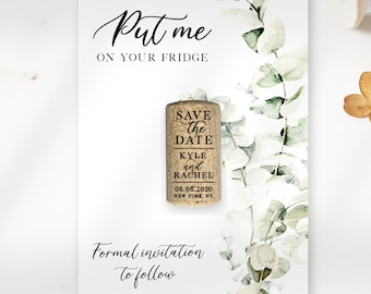 Cork Save the Date Magnet with Eucalyptus Card - Custom Tropical Boho Wedding Invitation - Vineyard Wedding Favors