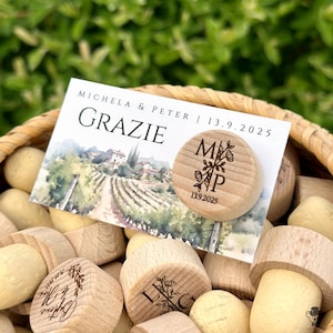 Bomboniere rustiche con tappo per vino personalizzato e biglietto - Tappi per bottiglie in sughero personalizzati per ricevimenti nuziali per gli ospiti