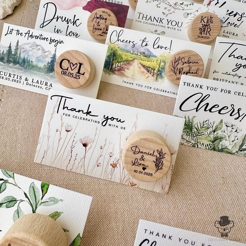 Personalized Wedding Favors: Engraved Wood Wine Bottle Stopper with Thank You Card image 1