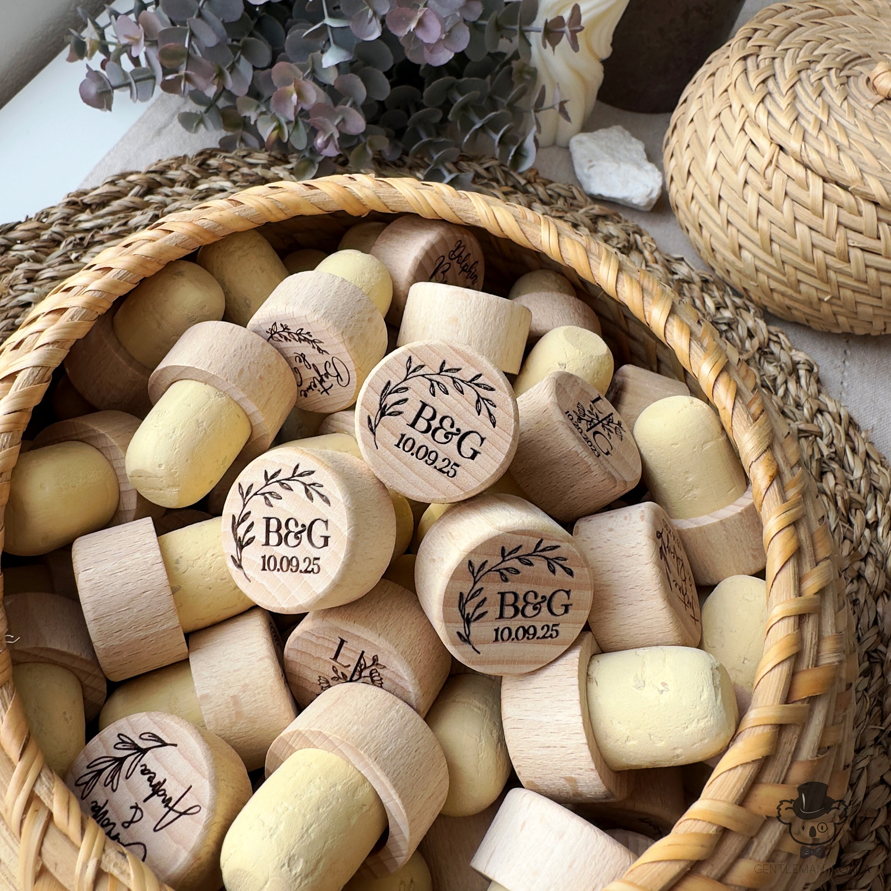 Personalized Wooden Wine Cork Stoppers - Custom Engraved Wedding Favors, Party Gifts (40 Pack)