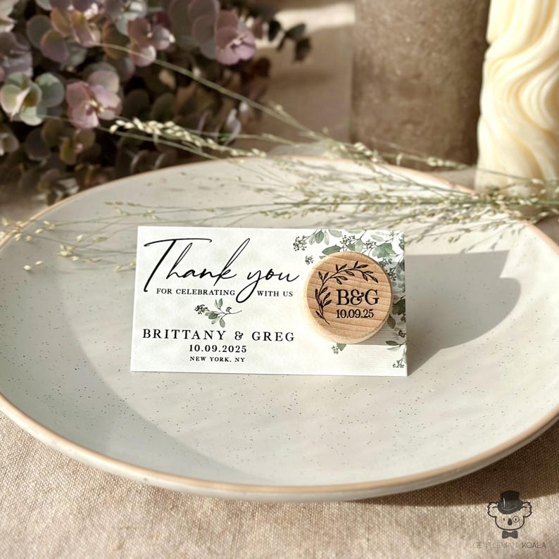 Personalized Wedding Favors: Engraved Wood Wine Bottle Stopper with Thank You Card image 3