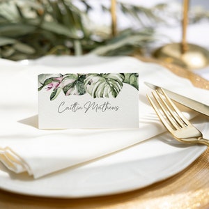 Segnaposto tropicale con icona allergene e scelta pasto, segnaposti stampati, biglietti da visita tendati, biglietto da visita personalizzato per matrimoni, file non digitale