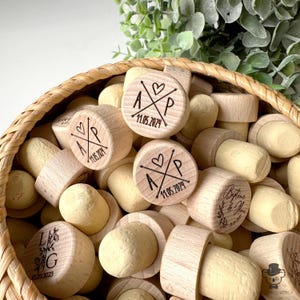 Personalized Wine Bottle Stopper Wedding Favors: Engraved Wood & Cork
