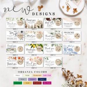 a collection of various "Thank You" cards in different colors and styles, arranged in a grid format.