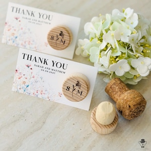 Personalized Wood Wine Bottle Stopper Wedding Favors with Wildflower Card & Organza Bag
