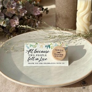 Personalized Wood Wine Bottle Stopper Wedding Favors with Floral Thank You Card