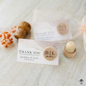 Personalized Wine Bottle Stopper Wedding Favors with Watercolor Print Card