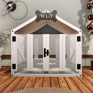 WLO® modern hondenhuis met witte en ivoorkleurige puntgevel, premium houten hondenhuis met gratis maatwerk, cadeaukussenhoezen