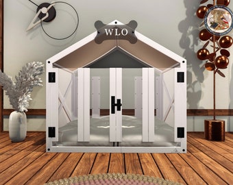 WLO® Moderne Hundehütte mit Giebeln in Weiß und Elfenbein, Premium-Hundehütte aus Holz mit kostenloser Individualisierung, Geschenkkissenbezüge
