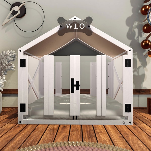 WLO® Niche pour chien moderne à pignon blanc et ivoire, niche pour chien en bois de qualité supérieure avec personnalisation gratuite, housses de coussin cadeaux