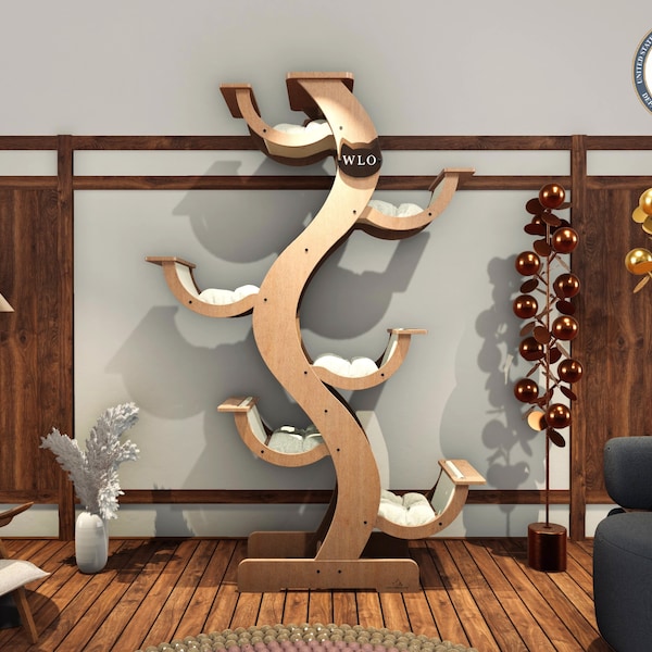 WLO® Natural & Ivory Skyline Modern Cat Tree, Premium Wooden Cat Tree with Free Customization, Easy to Clean Super Soft Cushions