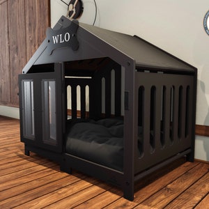 WLO® Black & Black Gabled Modern Dog Crate, Premium Wooden Dog Crate with Free Customization, Gift Cushion Covers image 3