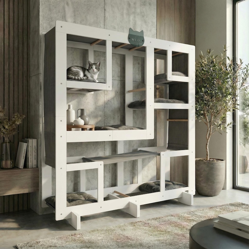 WLO® Pure White Square Modular Cat Tower | Multi-Level Modern Climbing & Cat Wall System image 6