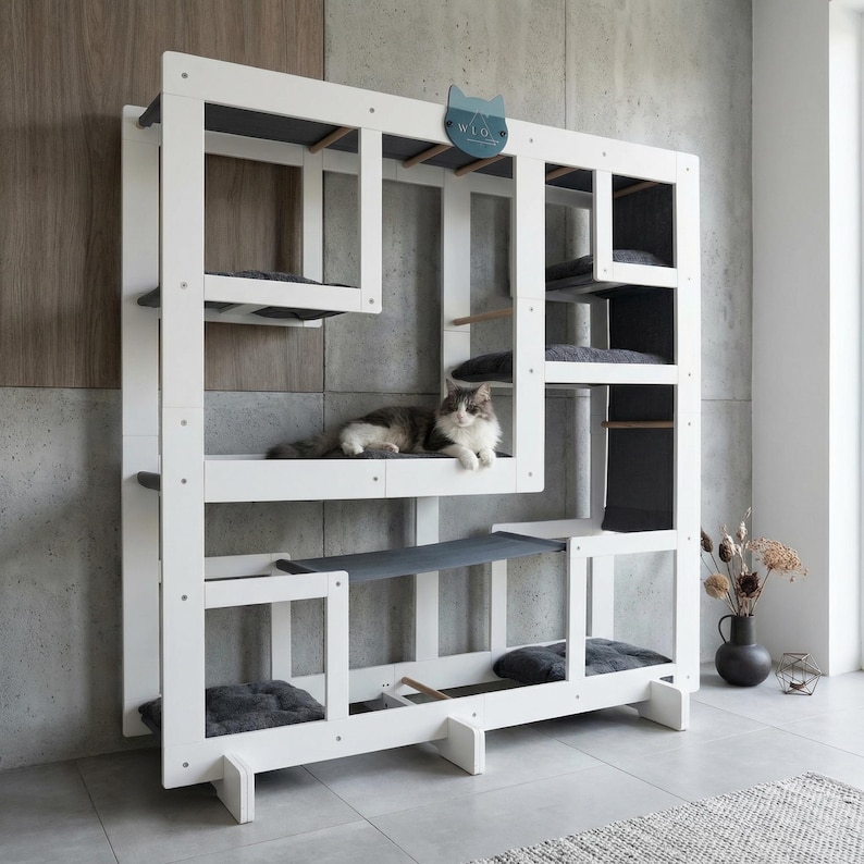 WLO® Pure White Square Modular Cat Tower | Multi-Level Modern Climbing & Cat Wall System image 2