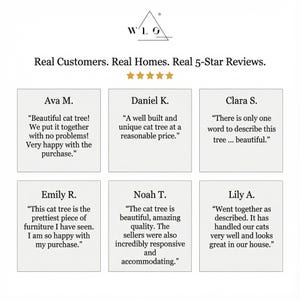 May include: Image of customer reviews for a cat tree. The reviews are on white cards with black text, including comments like "beautiful cat tree" and "amazing quality." The logo "WLG" is at the top.
