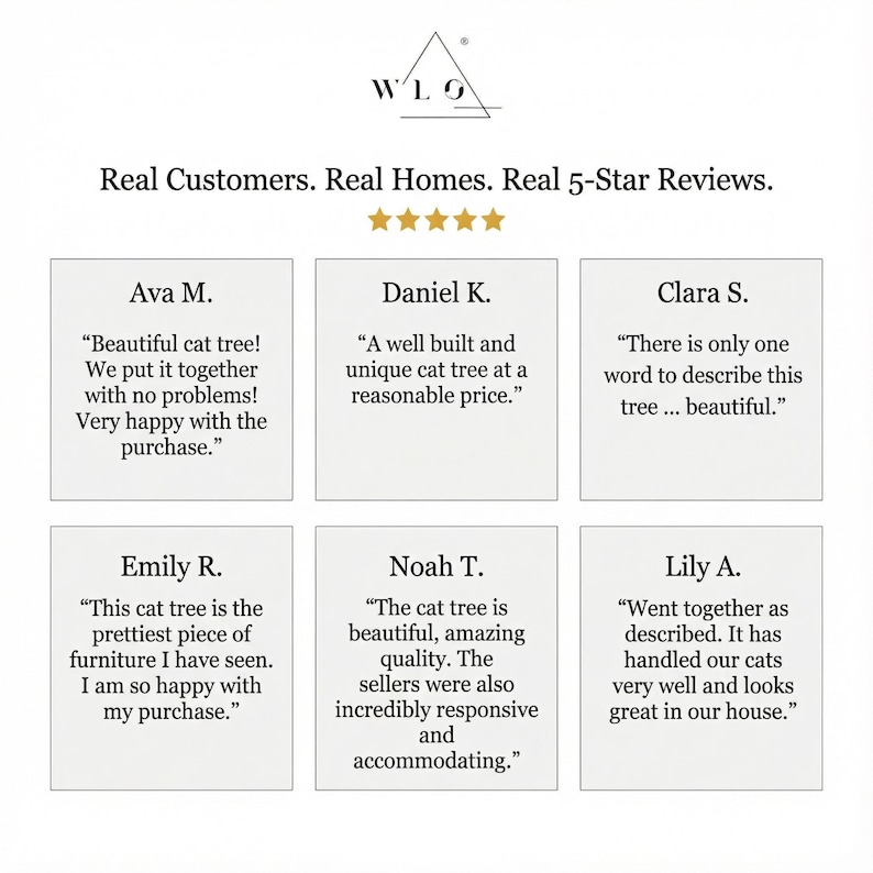 May include: Image of customer reviews for a cat tree. The reviews are on white cards with black text, including comments like "beautiful cat tree" and "amazing quality." The logo "WLG" is at the top.