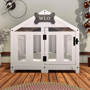 WLO® Moderne Hundebox mit Giebeln in Weiß und Elfenbein, Premium-Hundebox aus Holz mit kostenloser Individualisierung, Geschenkkissenbezüge Bild 1