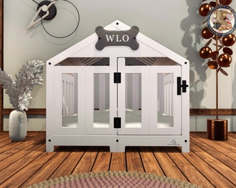 WLO® Moderne Hundebox mit Giebeln in Weiß und Elfenbein, Premium-Hundebox aus Holz mit kostenloser Individualisierung, Geschenkkissenbezüge