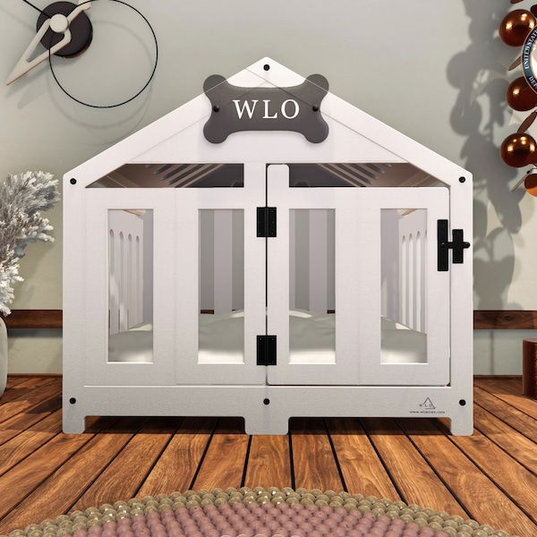 WLO® Moderne Hundebox mit Giebeln in Weiß und Elfenbein, Premium-Hundebox aus Holz mit kostenloser Individualisierung, Geschenkkissenbezüge