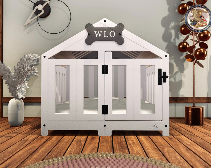 Handmade Wooden Dog Crate Furniture With Sliding Doors - Etsy UK - Dog Crate With Comfortable Patchwork Design