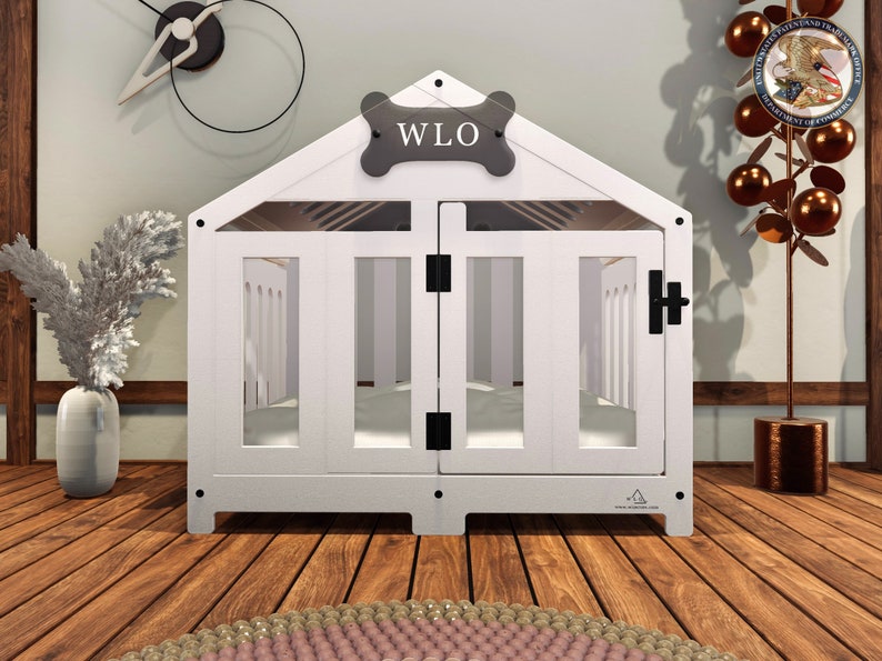 WLO® Moderne Hundebox mit Giebeln in Weiß und Elfenbein, Premium-Hundebox aus Holz mit kostenloser Individualisierung, Geschenkkissenbezüge Bild 1