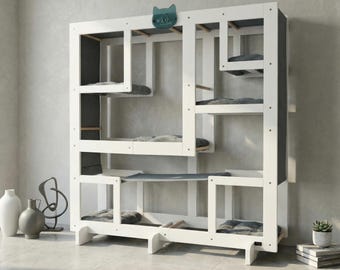 Torre per gatti modulare quadrata bianca pura WLO® / Sistema moderno multilivello per arrampicata e parete per gatti