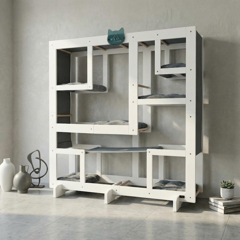 WLO® Pure White Square Modular Cat Tower | Multi-Level Modern Climbing & Cat Wall System image 1