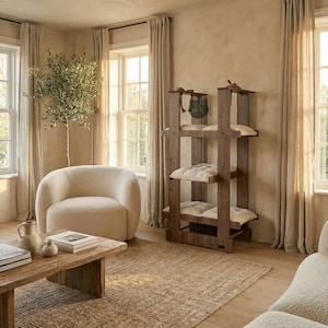 May include: A multi-level cat tree made of dark wood, featuring soft, cream-coloured cushions. The cat furniture is in a neutral-toned living room with a beige rug, a cream armchair, and a small olive tree.