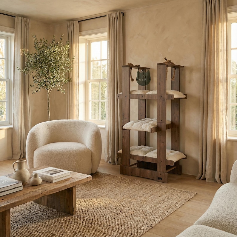 May include: A multi-level cat tree made of dark wood, featuring soft, cream-coloured cushions. The cat furniture is in a neutral-toned living room with a beige rug, a cream armchair, and a small olive tree.