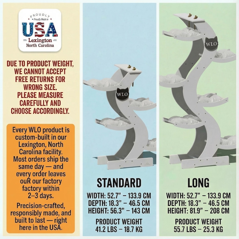 May include: A white cat tree with multiple levels, featuring a curved design and soft, cloud-like platforms. The image includes product dimensions: 52.7"-133.9" width, 18.3"-46.5" depth, and 56.3"-208" height. The product weight is 41.2-55.7 lbs. The text says "Proudly Made in USA".