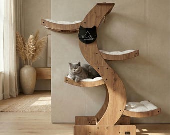 Tiragraffi moderno Skyline in rovere naturale WLO® / Mobili per gatti da interno e da esterno a più livelli