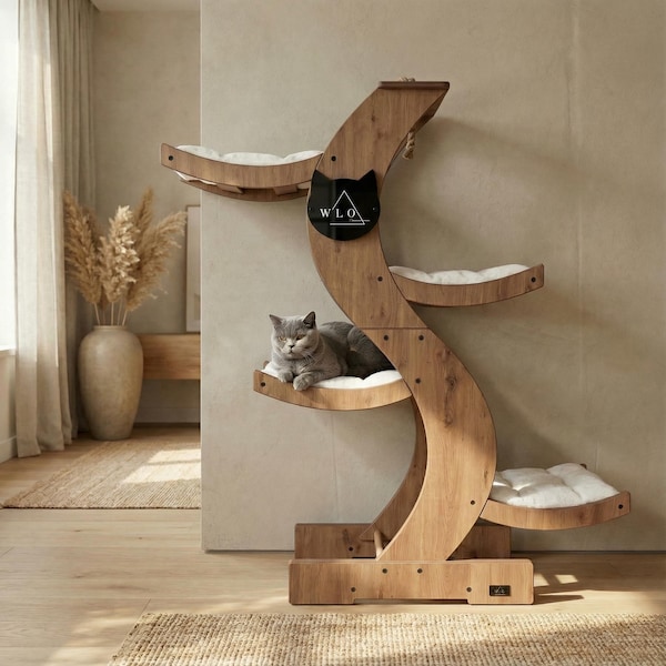 WLO® Natural Oak Skyline Modern Cat Tree | Multi-Level Indoor & Patio Cat Furniture