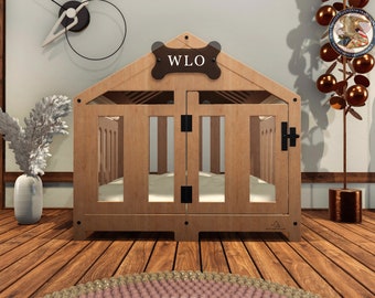 WLO® Natural & Ivory Gabled Modern Dog Crate, Premium Wooden Dog Crate with Free Customization, Gift Cushion Covers