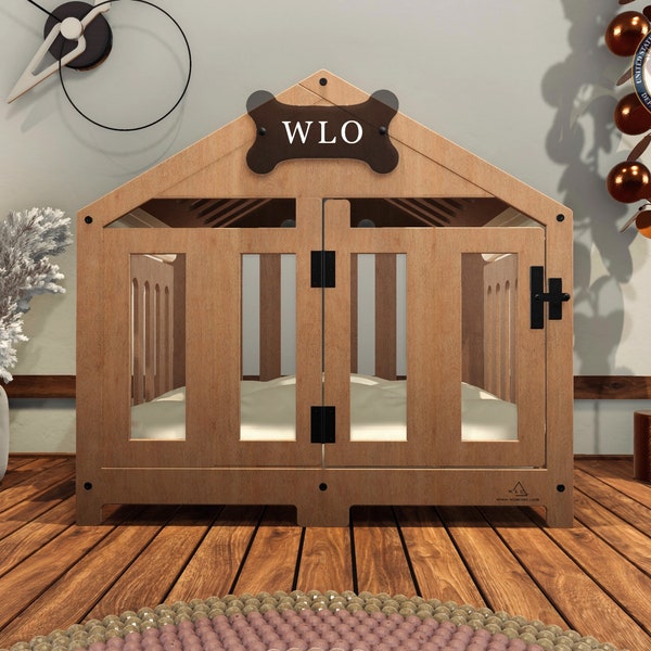 WLO® Natural & Ivory Gabled Modern Dog Crate, Premium Wooden Dog Crate with Free Customization, Gift Cushion Covers