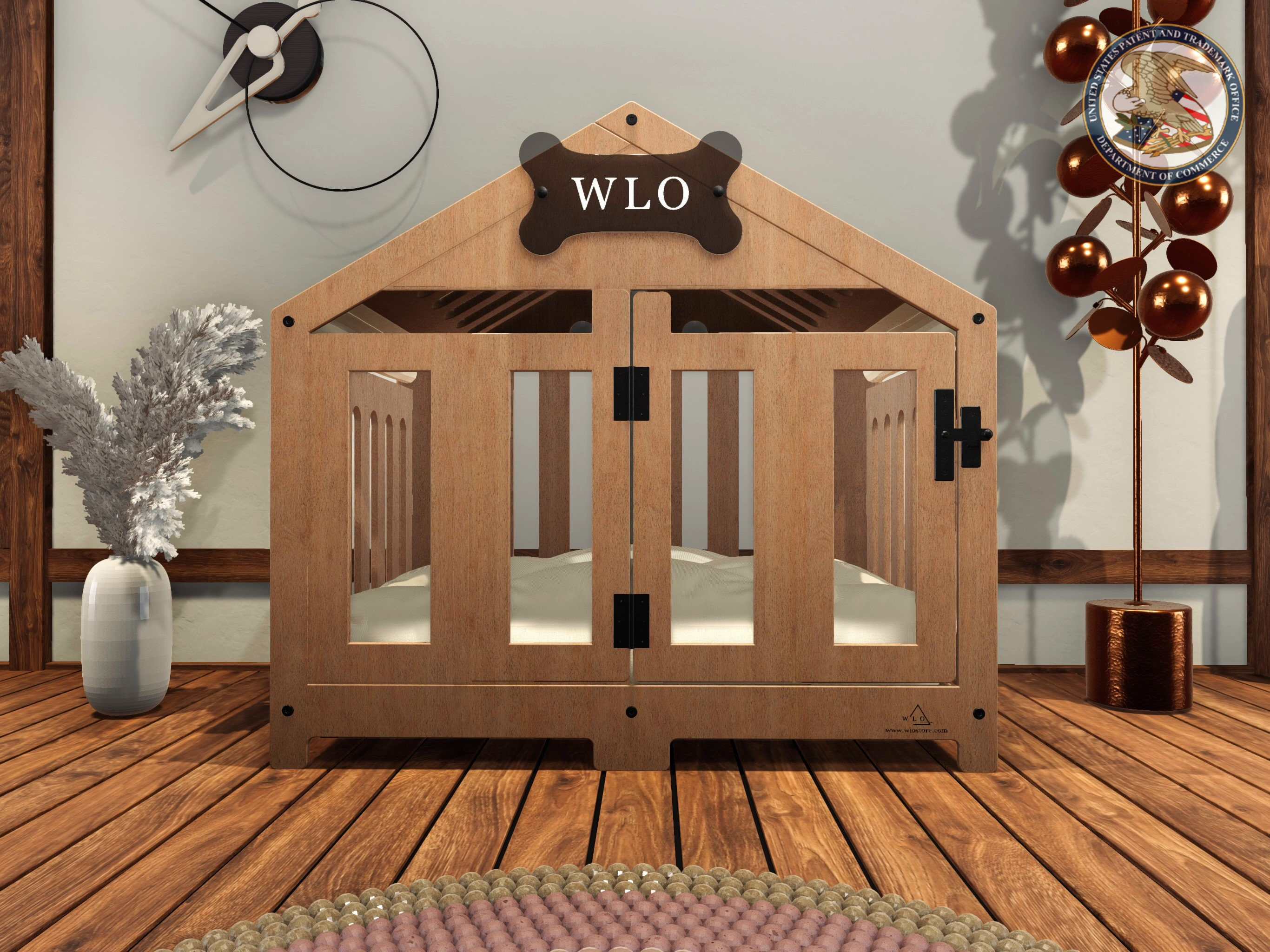 Natural & Ivory - Gabled Modern Dog Crate, Dog Bed, Dog Crate, Dog Kennel, Wood Dog House, Pet House, Pet Furniture, Dog Furniture, WLO