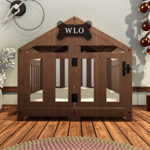 WLO® moderne hondenbench met puntgevel, premium houten hondenbench met gratis maatwerk, meerdere kleuren en cadeaukussenhoezen afbeelding 1