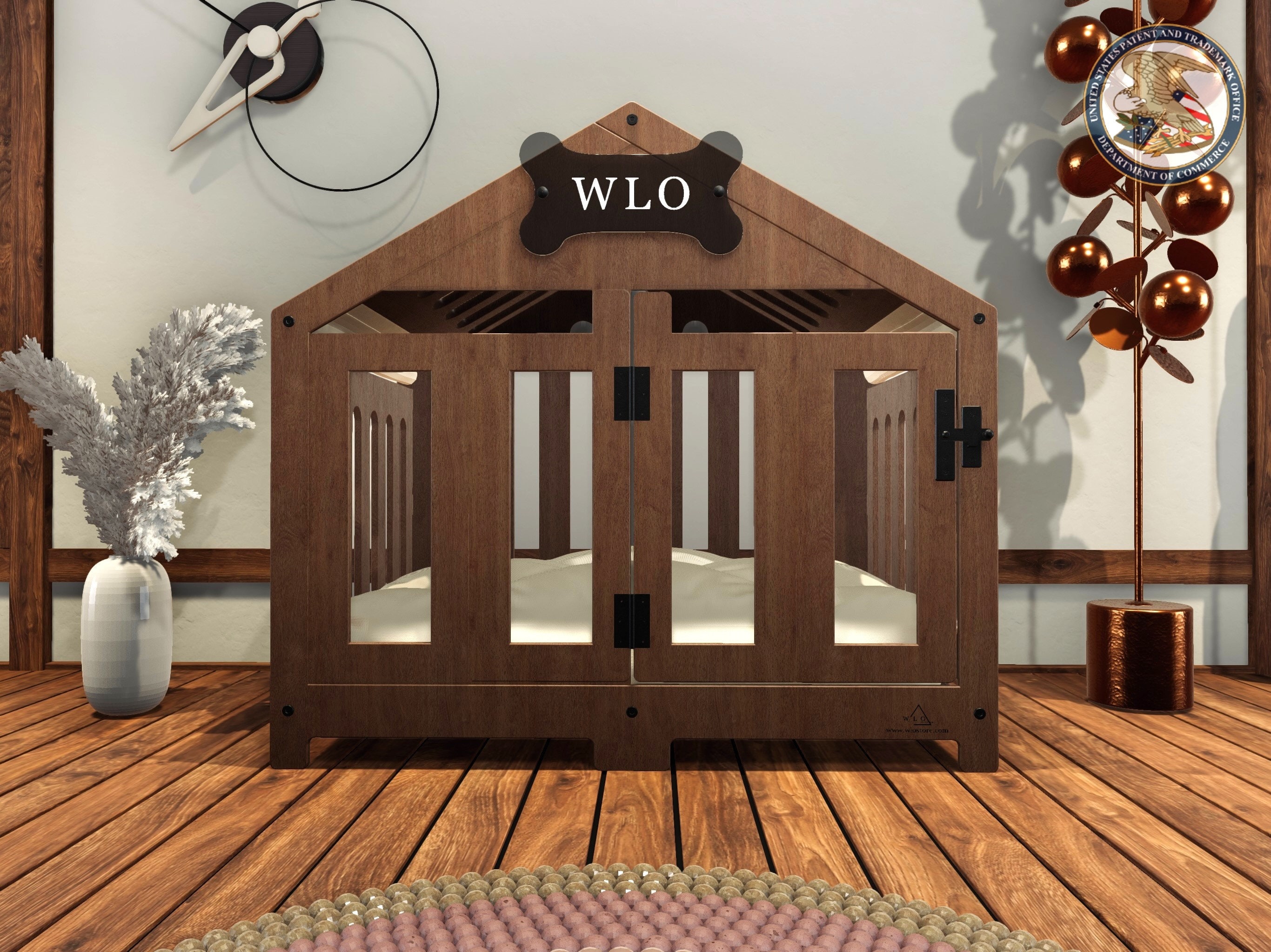 Walnut & Ivory - Gabled Modern Dog Crate, Dog Bed