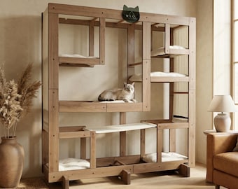Torre per gatti modulare quadrata in rovere naturale WLO® / Sistema moderno di arrampicata e parete per gatti a più livelli